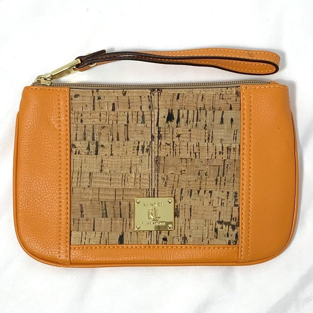 POLO RALPH LAUREN Orange Leather & Cork Wallet Clutch Gold Hardware Wristlet